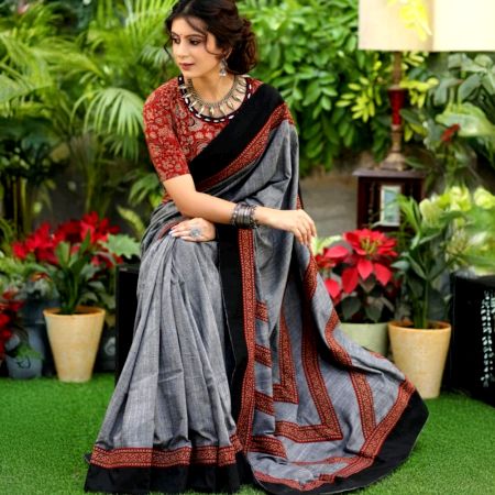 Grey Ajrak Cotton Saree with Black Contrast Border